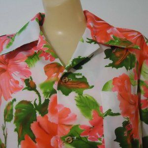 Vtg STUNNING White Pink Polyester Hawaiian Floral